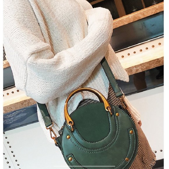 Crossbody Round Bag Small Leather Purse Crossbody Leather Bag - Dark Green - Picture 1 of 13